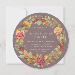 Round/Square Autumnal Wreath Thanksgiving Dinner Invitation
