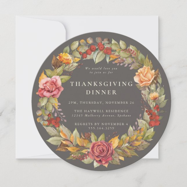 Round/Square Autumnal Wreath Thanksgiving Dinner Invitation (Front)