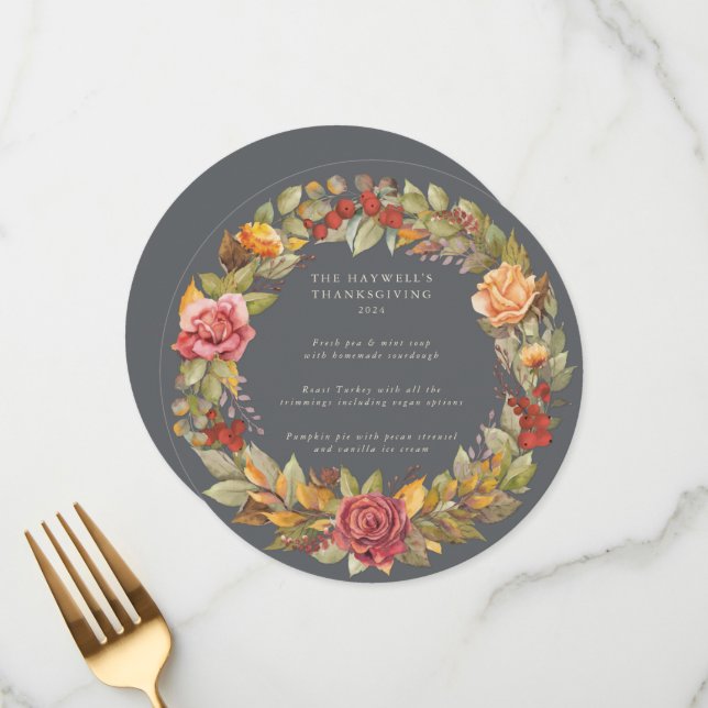 Round/Square Autumnal Wreath Thanksgiving Dinner Menu (Front/Back In Situ)