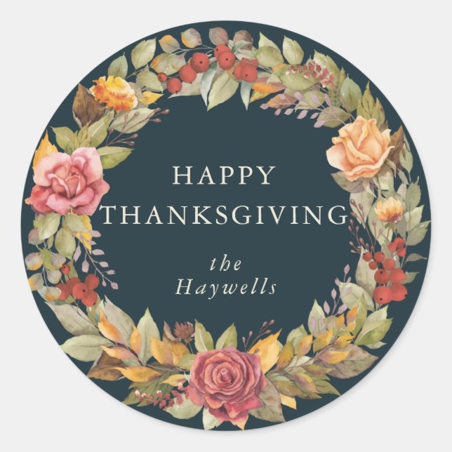 Round/Square Fall Wreath Happy Thanksgiving Classic Round Sticker (Front)