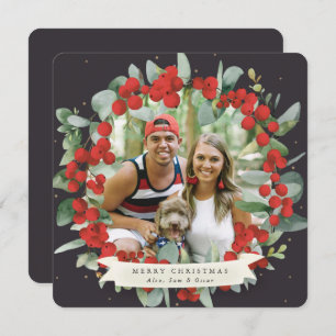 Round/Square Red Berry+Eucalyptus Christmas Wreath Holiday Card