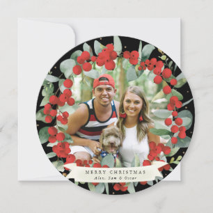 Round/Square Red Berry+Eucalyptus Christmas Wreath Holiday Card