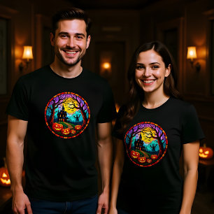Round Stain Glass Style Halloween Scene Design T-Shirt