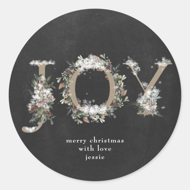 Round Sticker Christmas JOY Chalk Holiday Florals (Front)