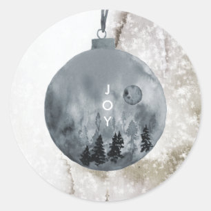 Round Sticker JOY Christmas Snow Tree Blue Bauble