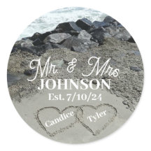 Round Sticker Labels - Two Hearts In The Sand