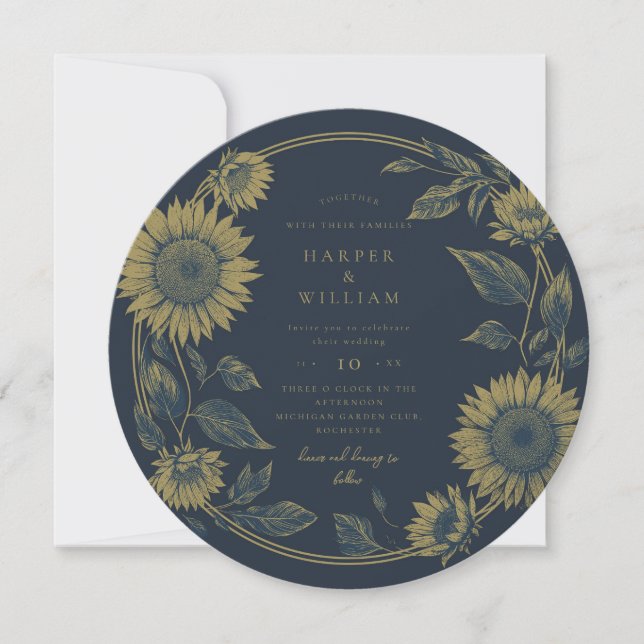 Round sunflower navy yellow wedding invitation (Front)