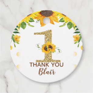 Round sunflower themed first birthday favour tag