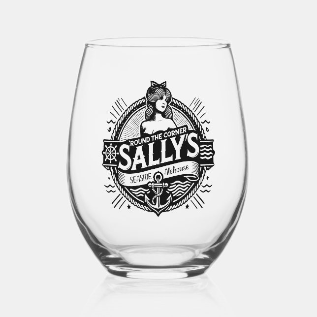 Round the Corner Sally’s Seaside Alehouse Stemless Wine Glass (Front)