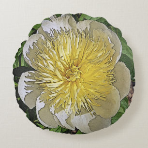ROUND THROW PILLOW/ WHITE PEONY WITH YELLOW CENTER CUSHION