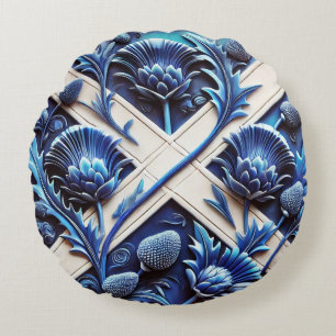 Round Throw Pillow with Scottish Thistles Design