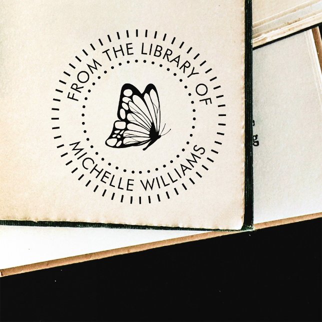Round Typography Butterfly Personal Library Book Rubber Stamp (Creator Uploaded)