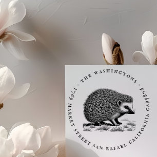 Round Vintage Hedgehog Family Name Return Address Rubber Stamp
