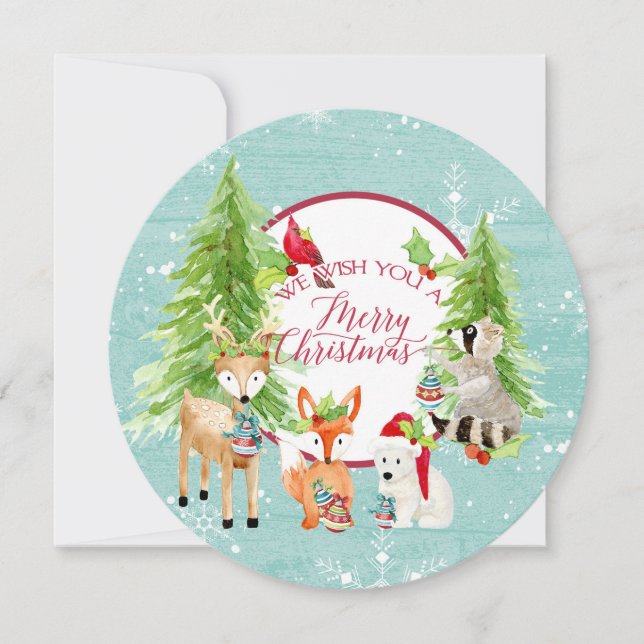 Round w Photo Woodland Forest Merry Christmas Wood Holiday Card (Front)