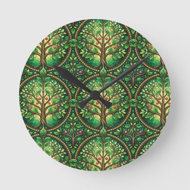Round wall clock with a vibrant tree pattern (Front)
