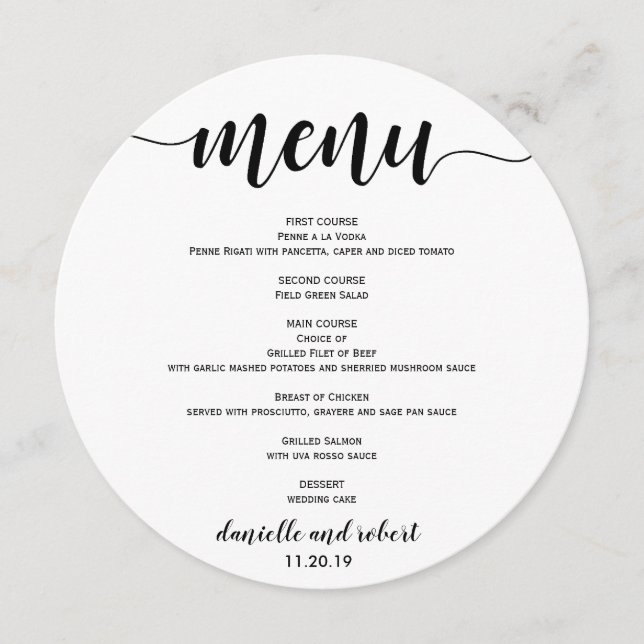 Round Wedding Dinner Menu Card For Plate (Front)