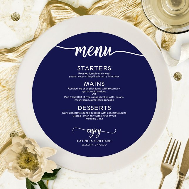 Round Wedding Menu Chic Navy Blue (Creator Uploaded)