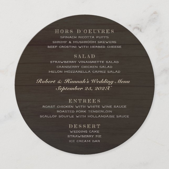 Round Wedding Menu Dark Wood Four Sections (Front)
