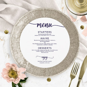 Round Wedding Menu Simple Elegant Chic Navy Blue