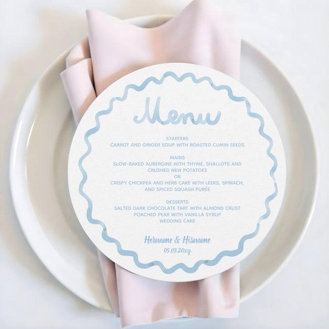 Round Whimsical Blue Wavy Frame Wedding Menu (Creator Uploaded)