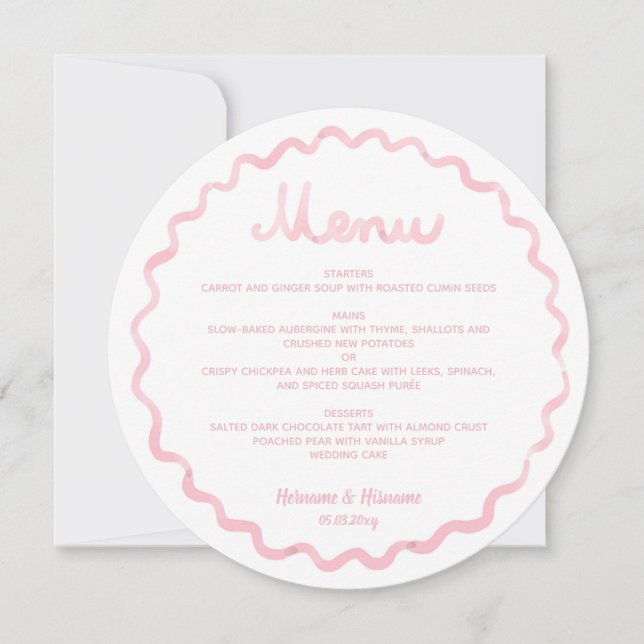 Round Whimsical Blush Pink Wavy Frame Wedding Menu (Front)