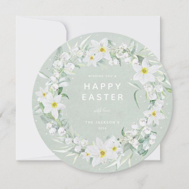 Round White Floral Wreath Happy Easter Flat Card (Front)