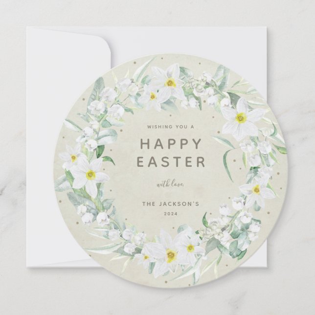 Round White Floral Wreath Happy Easter Flat Card (Front)