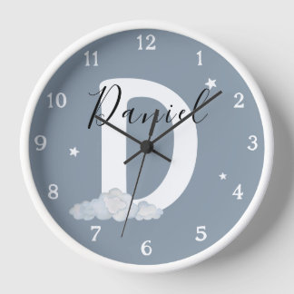 Round White Wood Frame Blue Nursery Wall Clock