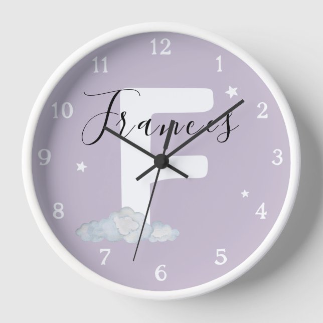 Round White Wood Frame Lavender Nursery Wall Clock (Front)