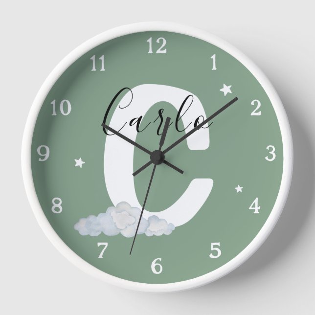 Round White Wood Frame Monogram Nursery Wall Clock (Front)