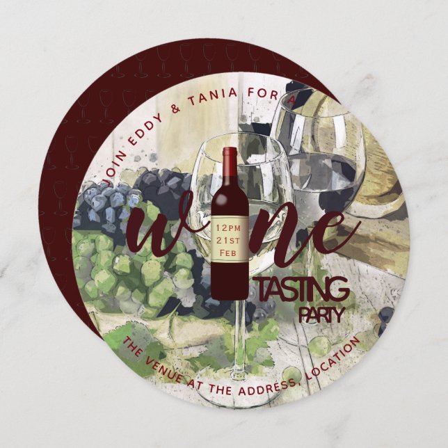 ROUND Wine Tasting Party Invitations Watercolor (Front/Back)
