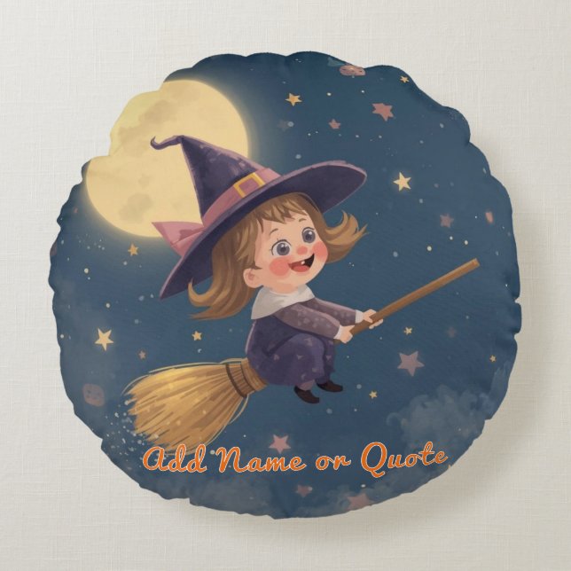 Round Witch Halloween Pillow – Customisable Text (Front)