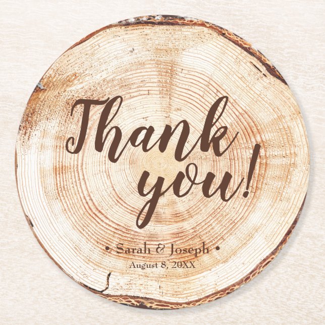 Round Wood Cut slice Rustic Wedding Thank You Round Paper Coaster (Front)