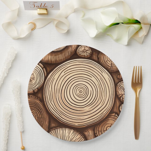 Round Wood Tree Logs Wooden Woodland Forest  Paper Plate (Wedding)
