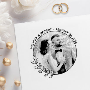 Round Wreath Custom Photo Wedding Save the Date  Rubber Stamp