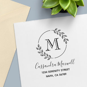Round Wreath, Leaves Monogram 2 Address Self-inking Stamp