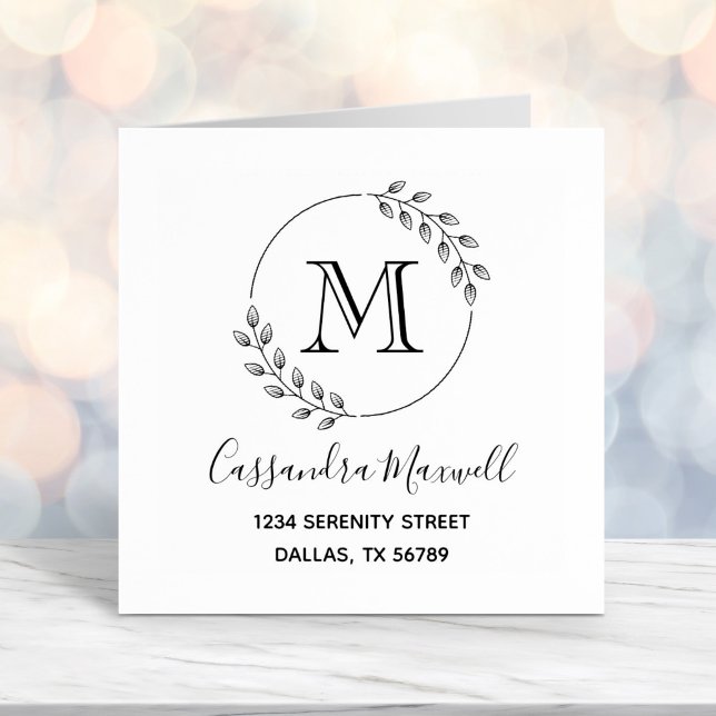 Round Wreath, Leaves Monogram 2 Address Self-inking Stamp (Creator Uploaded)