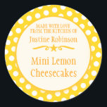 Round yellow cookie exchange baking gift stickers<br><div class="desc">Cute lemon yellow polka dot baking stickers, perfect for baking products christmas cookie exchange parties or for selling your home-made lemon products at farmer's market's and craft fairs. Use these stickers to seal your Christmas goodies that you give others or for children's favours to family and friends. Currently reads Made...</div>