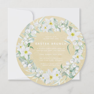 Round Yellow + White Floral Wreath Easter Brunch Invitation