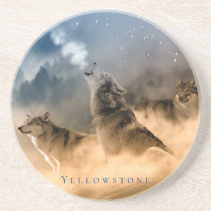 Round Yellowstone Coaster-Sandstone 3 Wolves Coaster