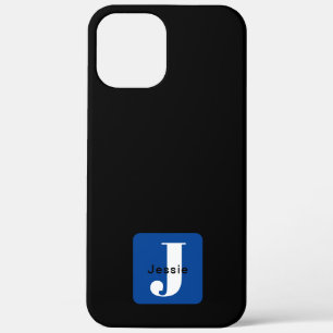 Rounded Box Name & Monogram   Black White & Blue iPhone 12 Pro Max Case