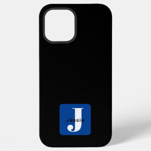 Rounded Box Name & Monogram Black White & Blue iPhone 12 Pro Max Case