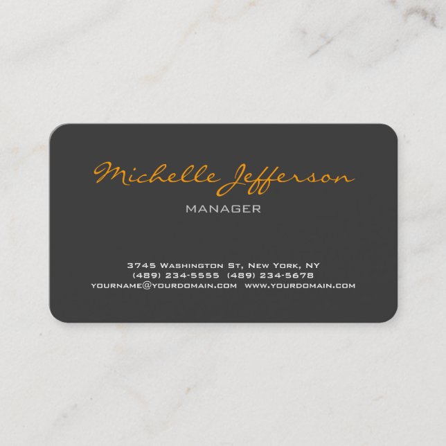 Rounded Corner Grey Yellow Script Business Card (Front)