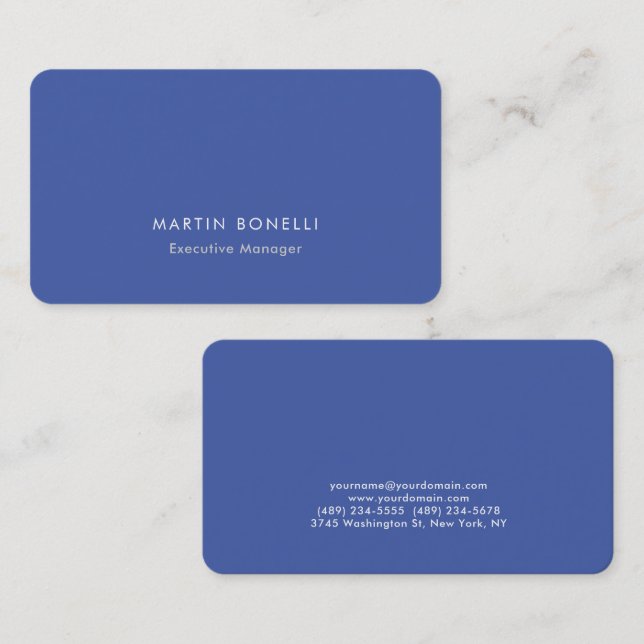 Rounded Corner Medium Blue Plain Minimalist Business Card (Front/Back)