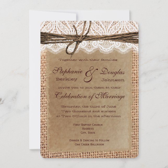 Rounded Corners Burlap Print Wedding Invitations (Front)