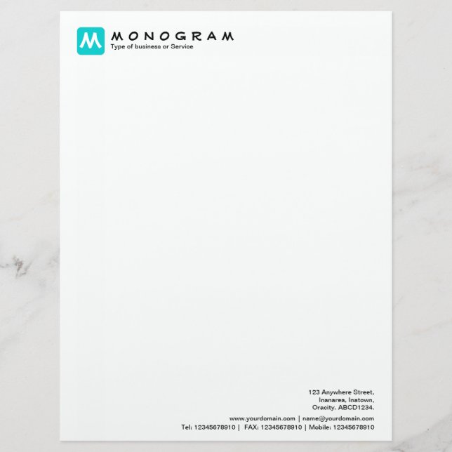 Rounded Square Monogram - Turquoise Letterhead Template (Front)