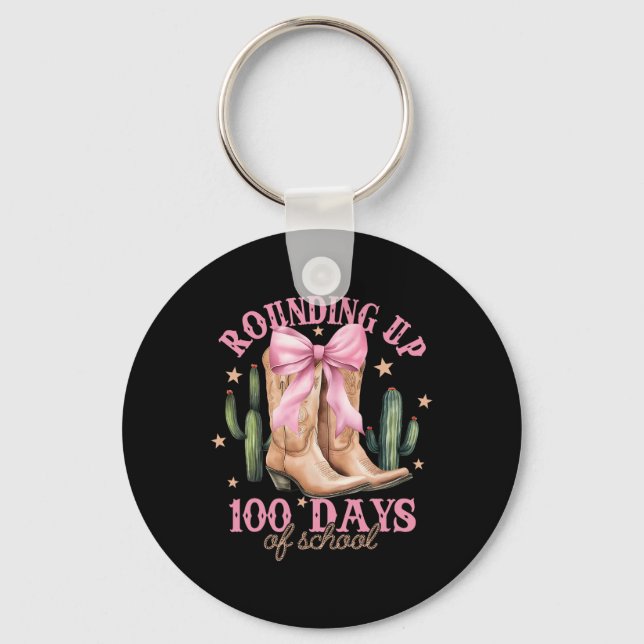 Rounding Up 100 Days Of School Pink Coquette Bow T Key Ring (Front)