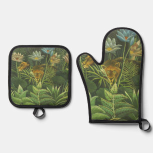 Rousseau Tropical Jungle Lion Painting Oven Mitt & Pot Holder Set