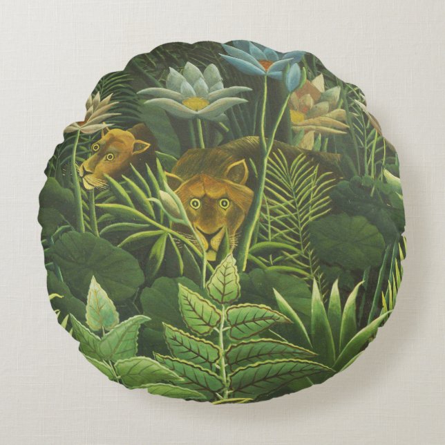 Rousseau Tropical Jungle Lion Painting Round Cushion (Front)