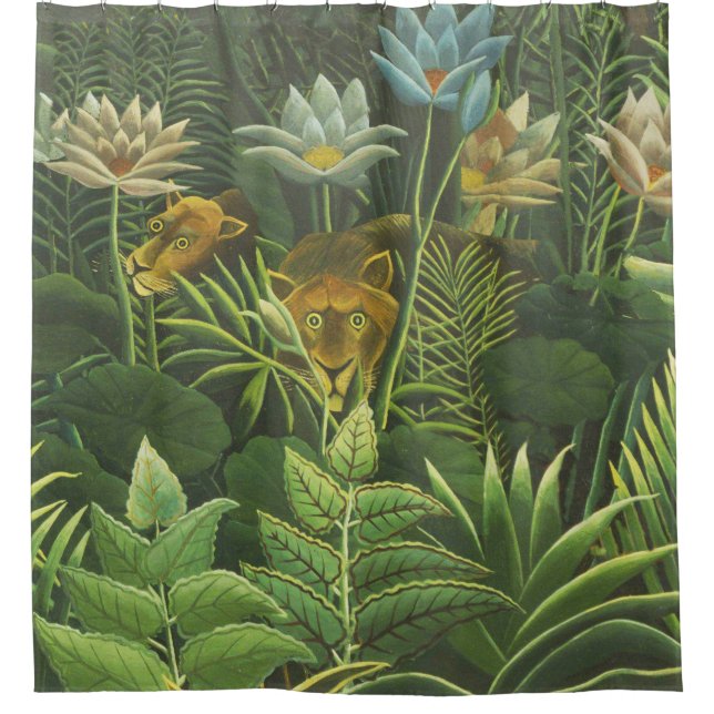 Rousseau Tropical Jungle Lion Painting Shower Curtain (Front)
